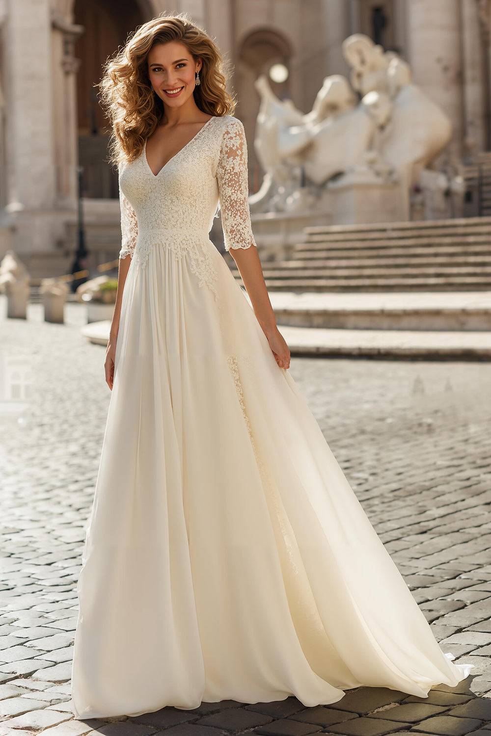 Robe de mariée longue évasée en ivoire avec encolure en V et dentelle
