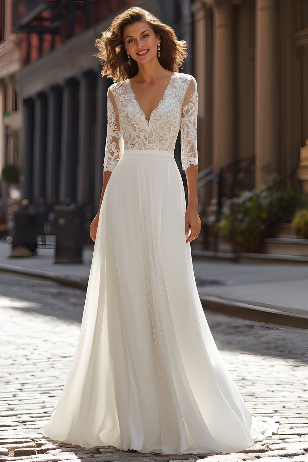 Ivory A Line V-Neck Sweep Train Wedding Dress with Lace