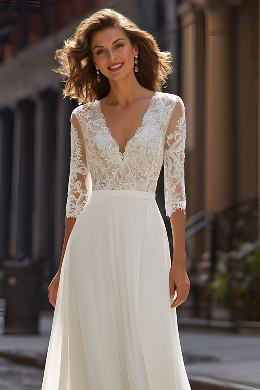 Ivory A Line V-Neck Sweep Train Wedding Dress with Lace