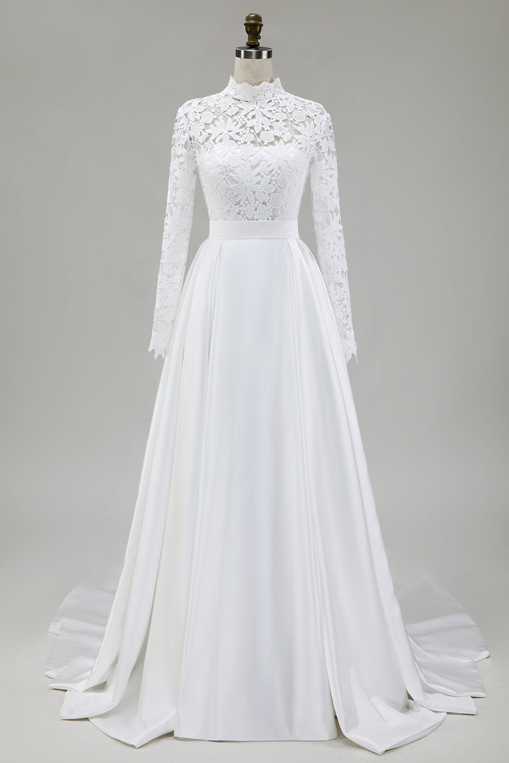 Ivory A-Line High Neck Satin Wedding Dress with Lace