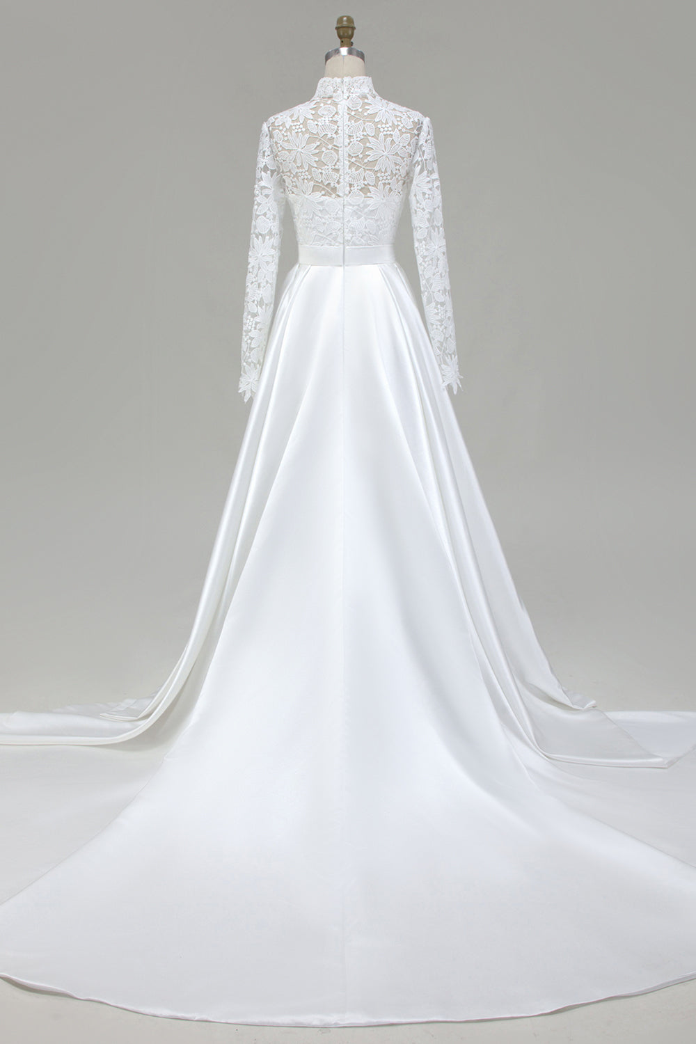 Ivory A-Line High Neck Satin Wedding Dress with Lace
