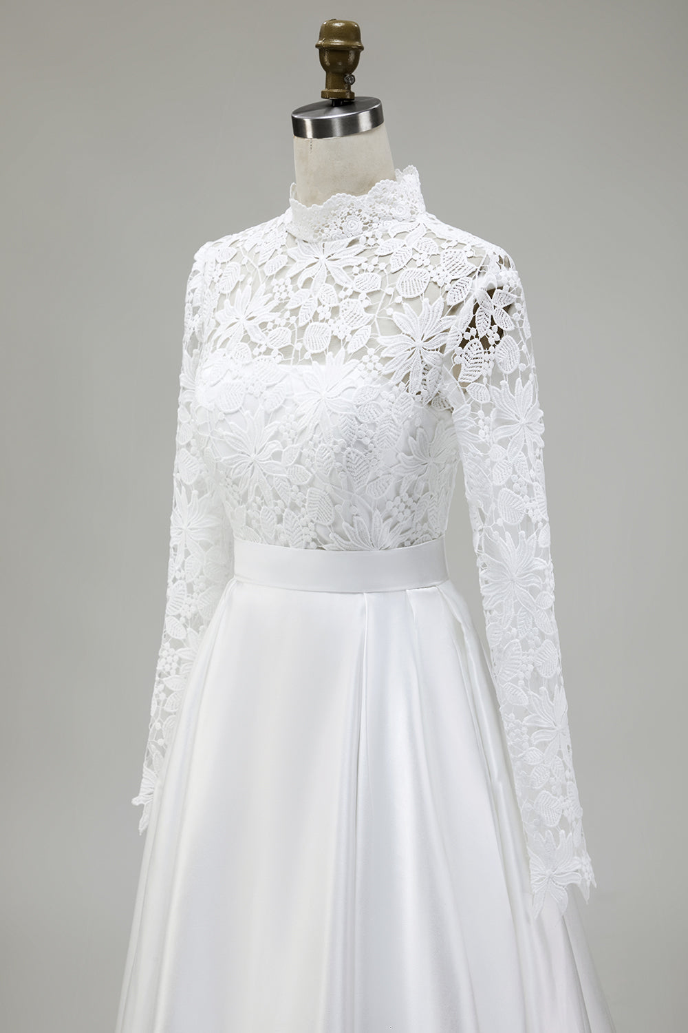 Ivory A-Line High Neck Satin Wedding Dress with Lace