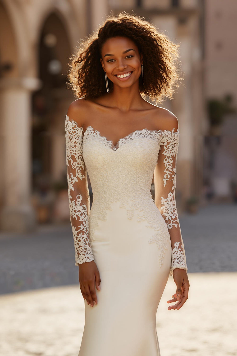 Off-the-Shoulder Ivory Mermaid Lace Appliqued Court Train Wedding Dress