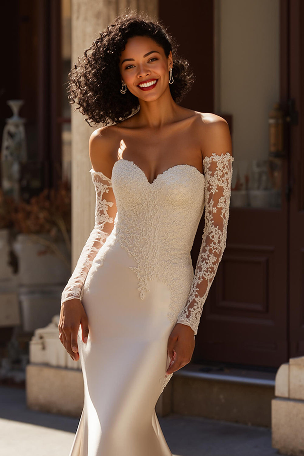 Ivory Sweetheart Neck Mermaid Lace Appliqued Sweep Train Wedding Dress