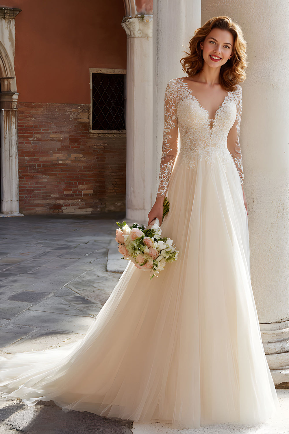 Ivory V-Neck A-Line Lace Appliqued Tulle Court Train Wedding Dress