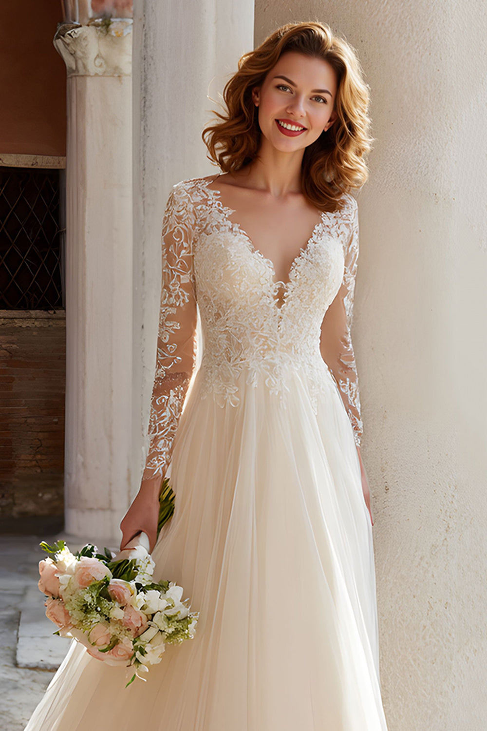 Ivory V-Neck A-Line Lace Appliqued Tulle Court Train Wedding Dress