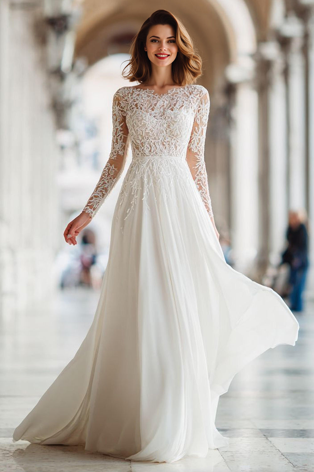 Robe de mariée longue en dentelle ivoire à manches longues et coupe trapèze