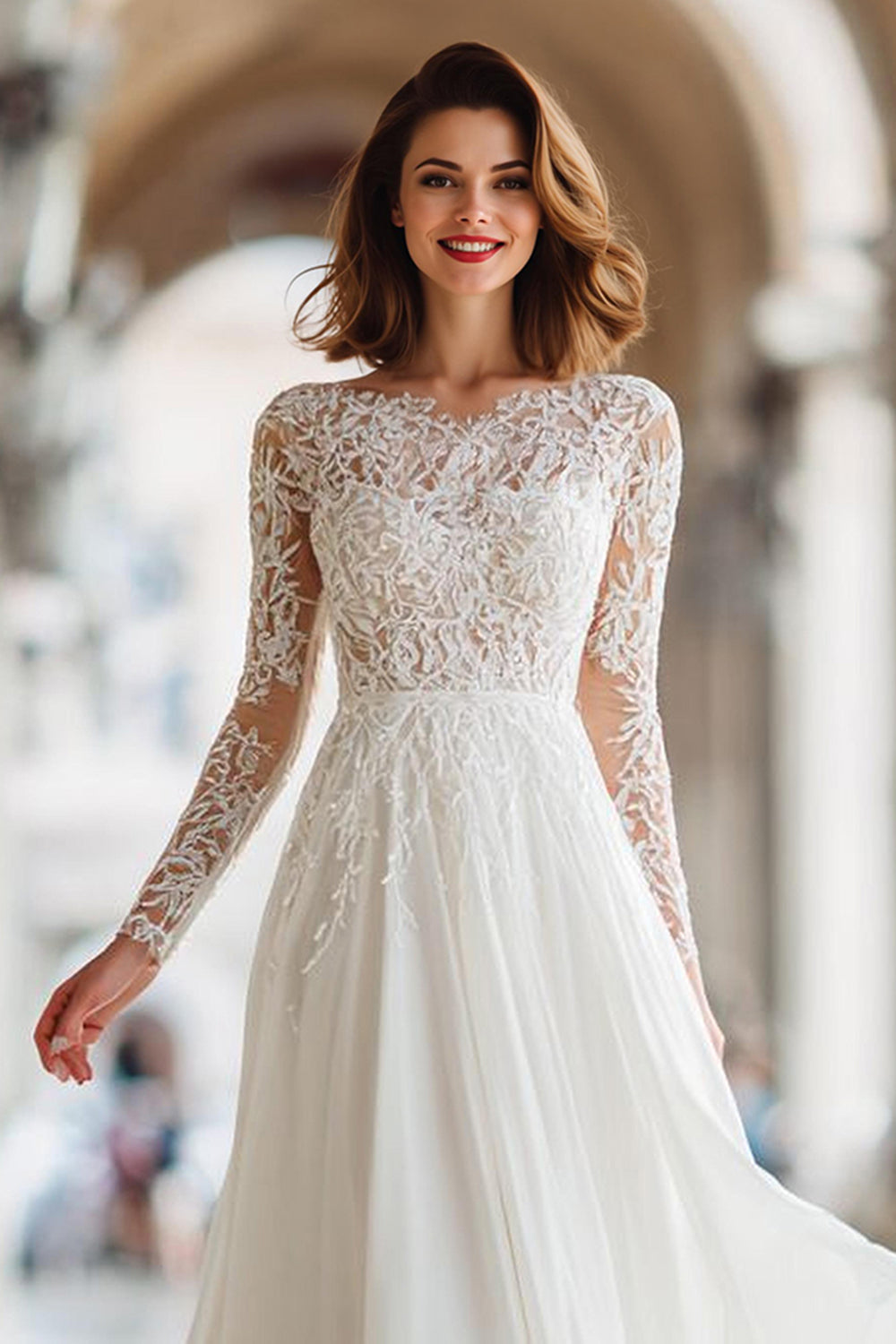 Robe de mariée longue en dentelle ivoire à manches longues et coupe trapèze