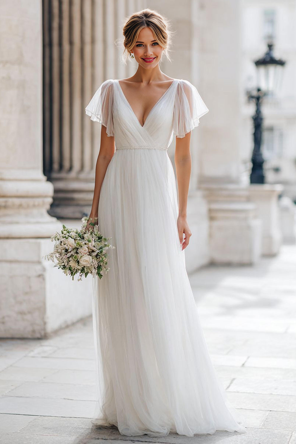 Ivory V-Neck A Line Short Sleeve Wedding Dress