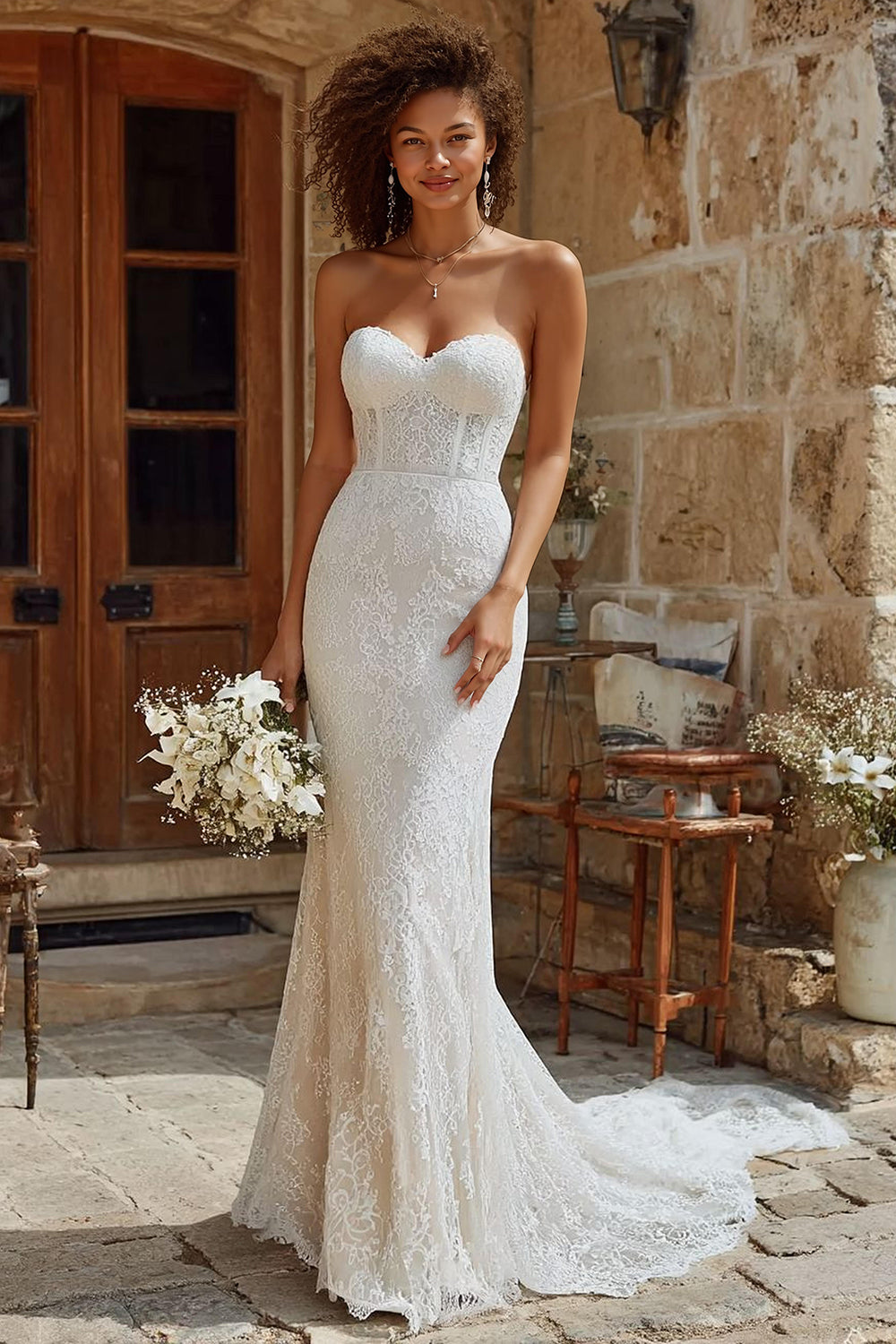 Ivory Strapless Mermaid Lace Court Train Wedding Dress