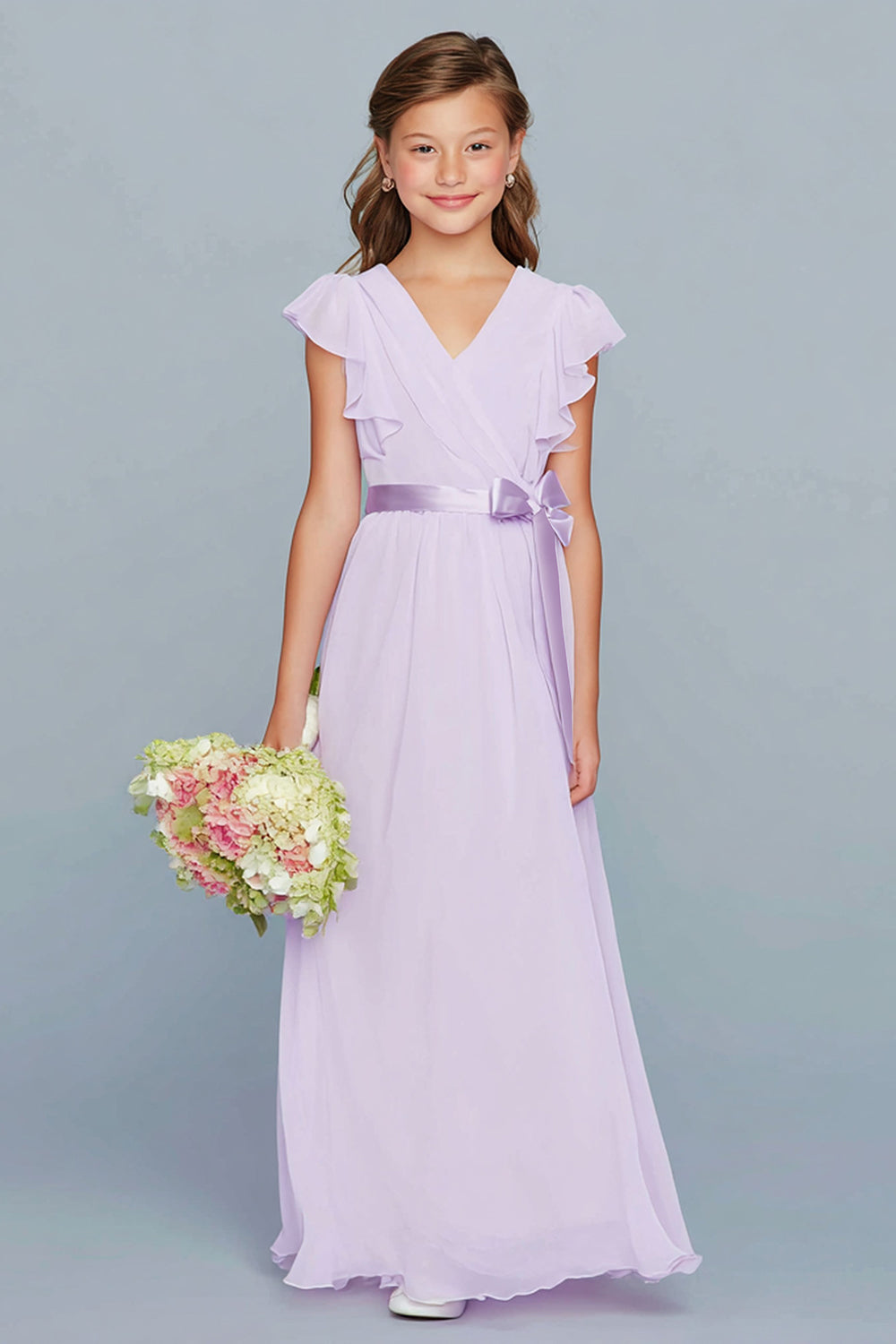 Robe longue de demoiselle d'honneur junior évasée en mousseline lilas avec décolleté en V et volants