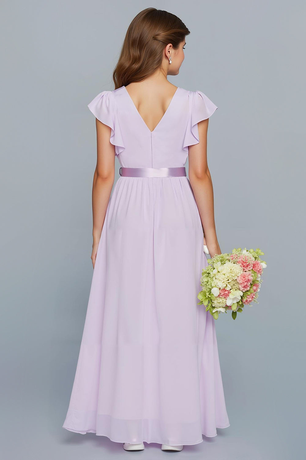 Robe longue de demoiselle d'honneur junior évasée en mousseline lilas avec décolleté en V et volants