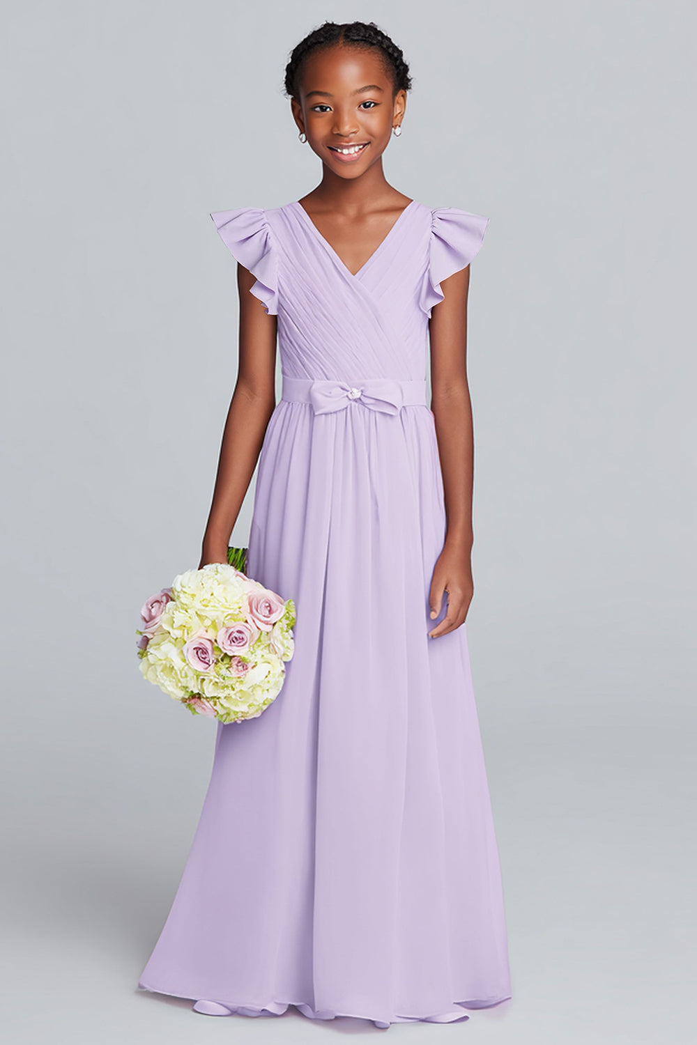 Robe de demoiselle d'honneur longue en mousseline lilas avec encolure en V et volants