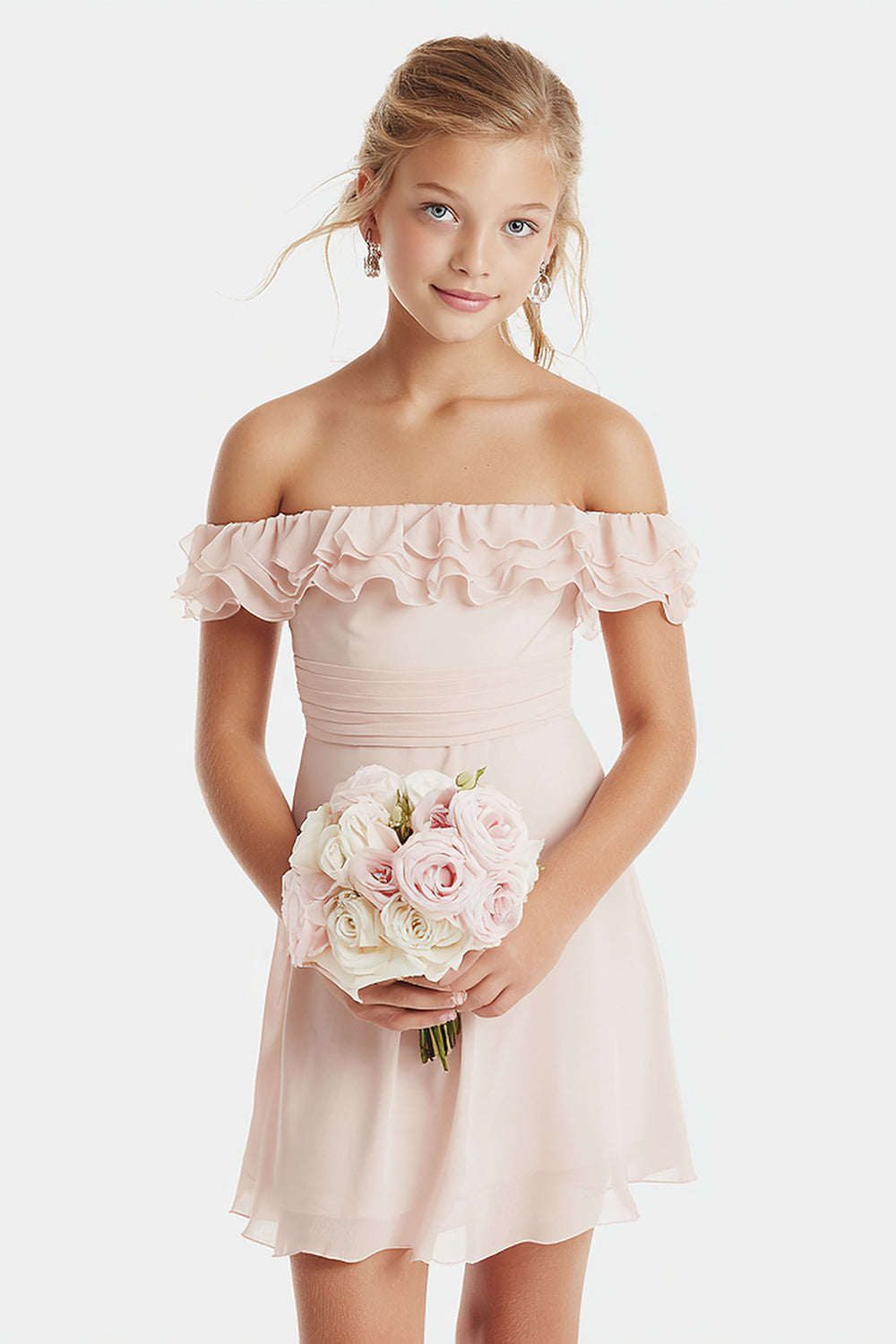 Blush Pink Off-the-Shoulder A-Line Chiffon Short Junior Bridesmaid Dress with Ruffles