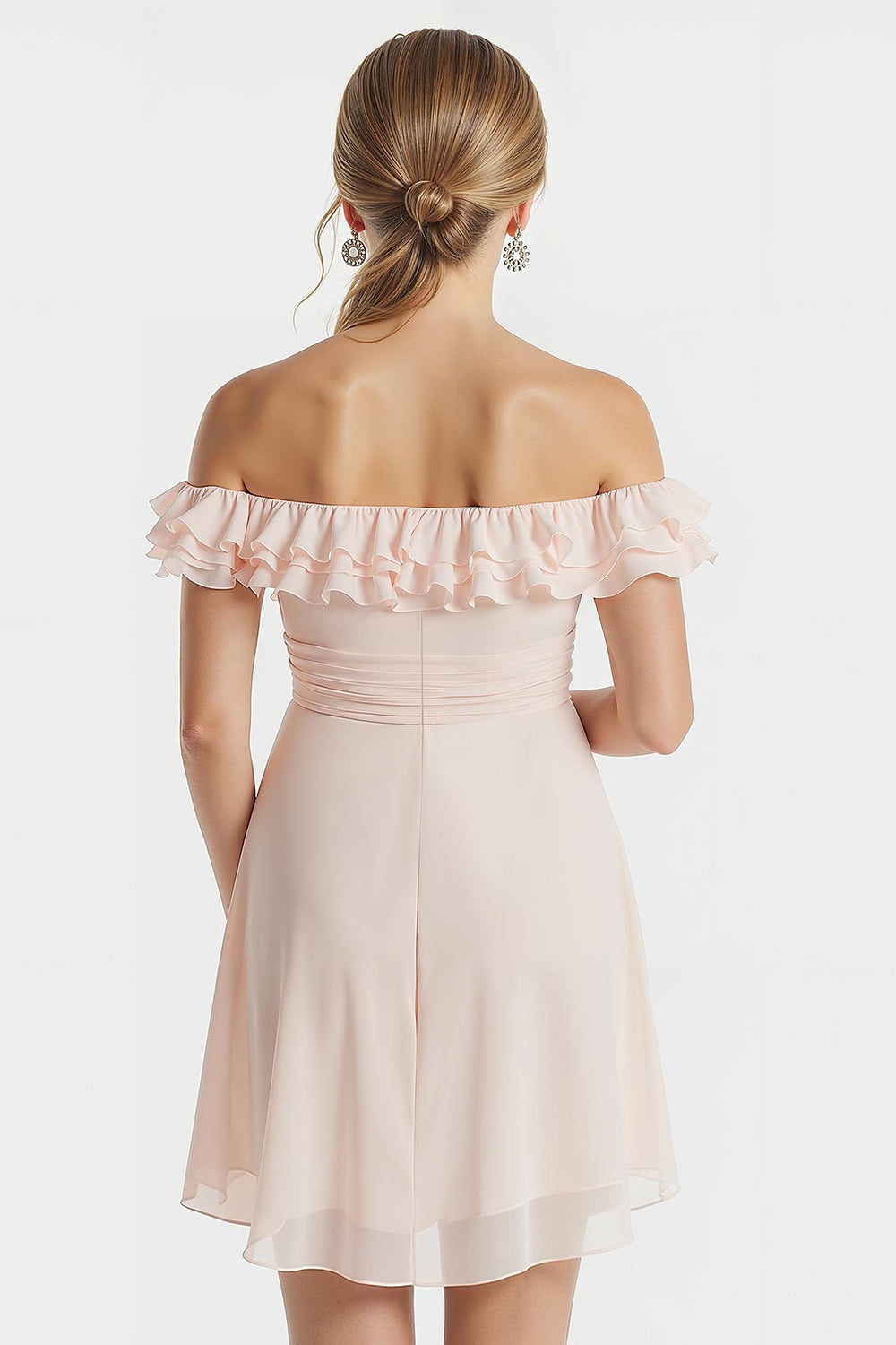 Blush Pink Off-the-Shoulder A-Line Chiffon Short Junior Bridesmaid Dress with Ruffles