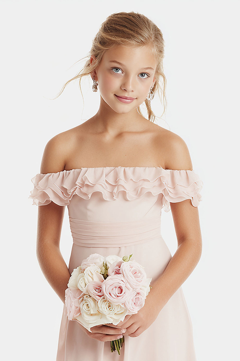 Blush Pink Off-the-Shoulder A-Line Chiffon Short Junior Bridesmaid Dress with Ruffles