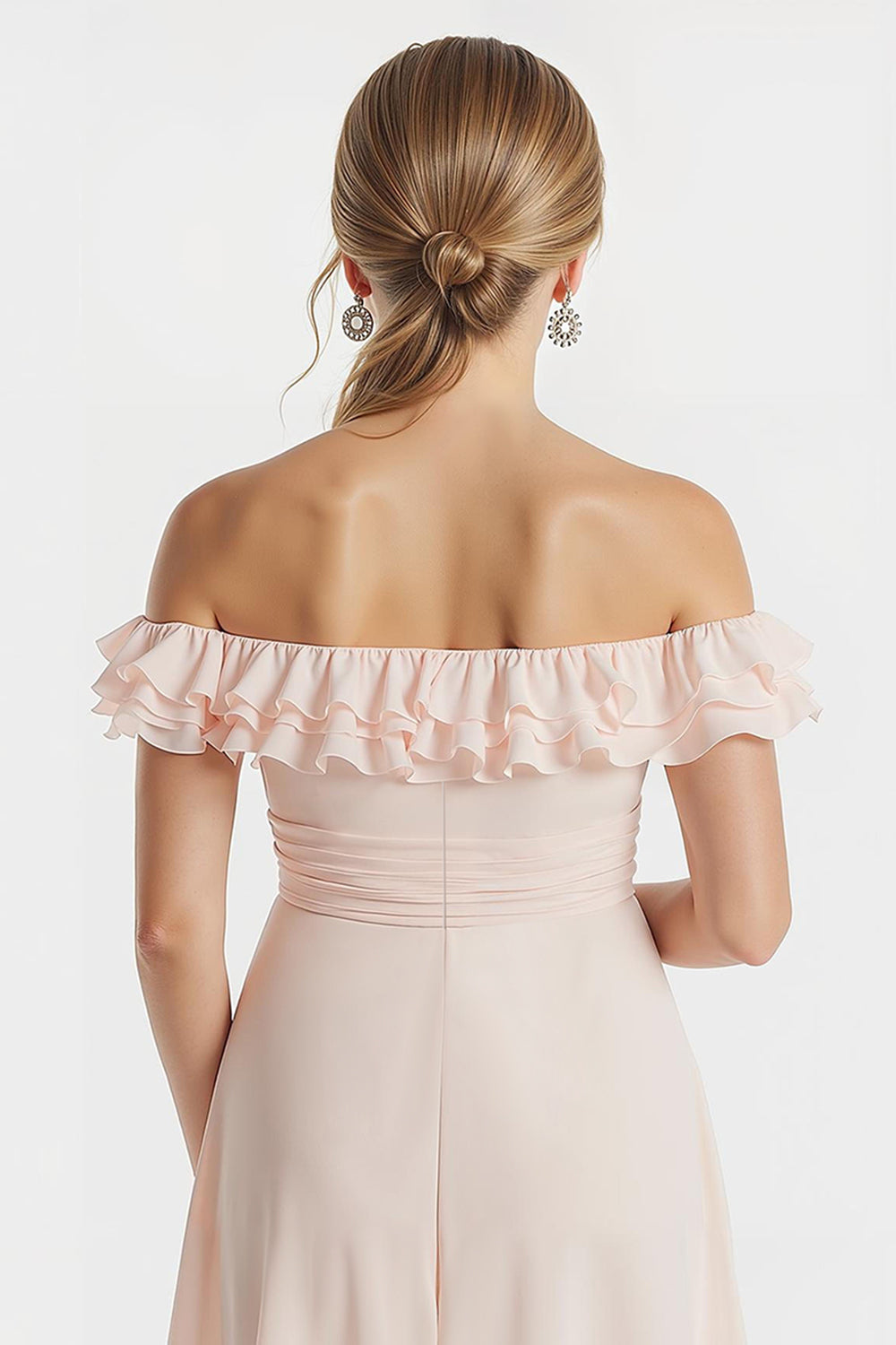 Blush Pink Off-the-Shoulder A-Line Chiffon Short Junior Bridesmaid Dress with Ruffles