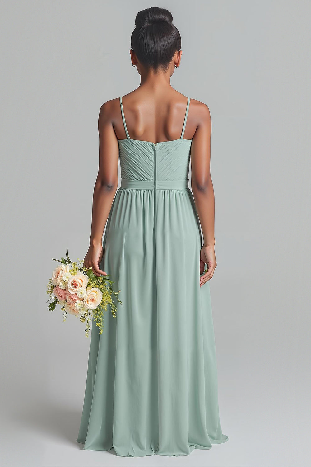 Matcha Spaghetti Straps Chiffon A-Line Long Junior Bridesmaid Dress
