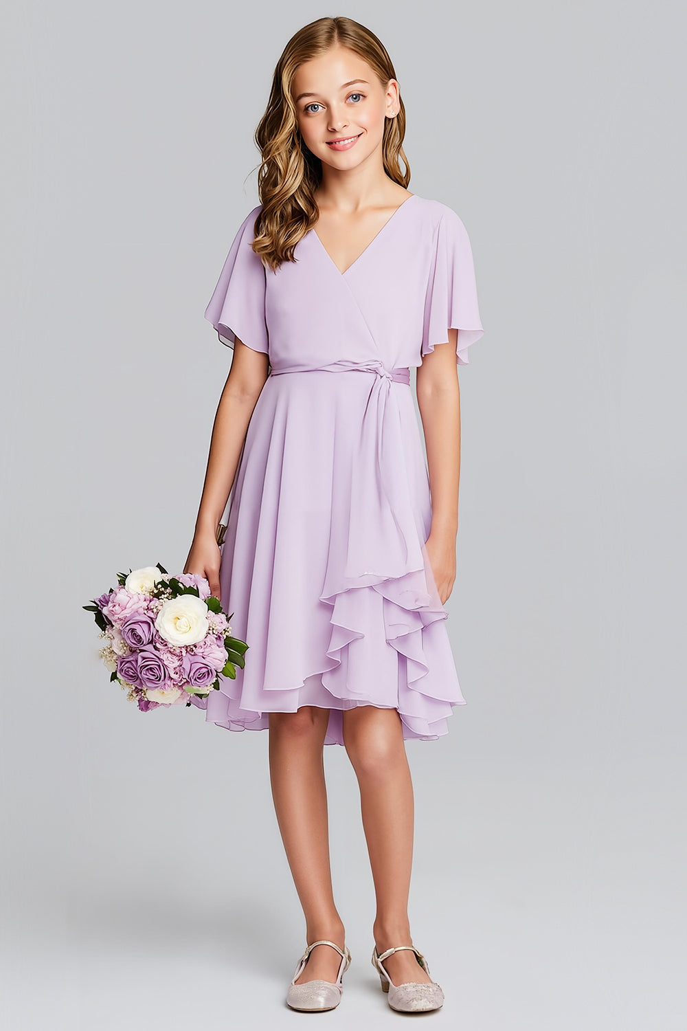 Robe de demoiselle d'honneur junior midi évasée en mousseline violette à encolure en V et manches courtes