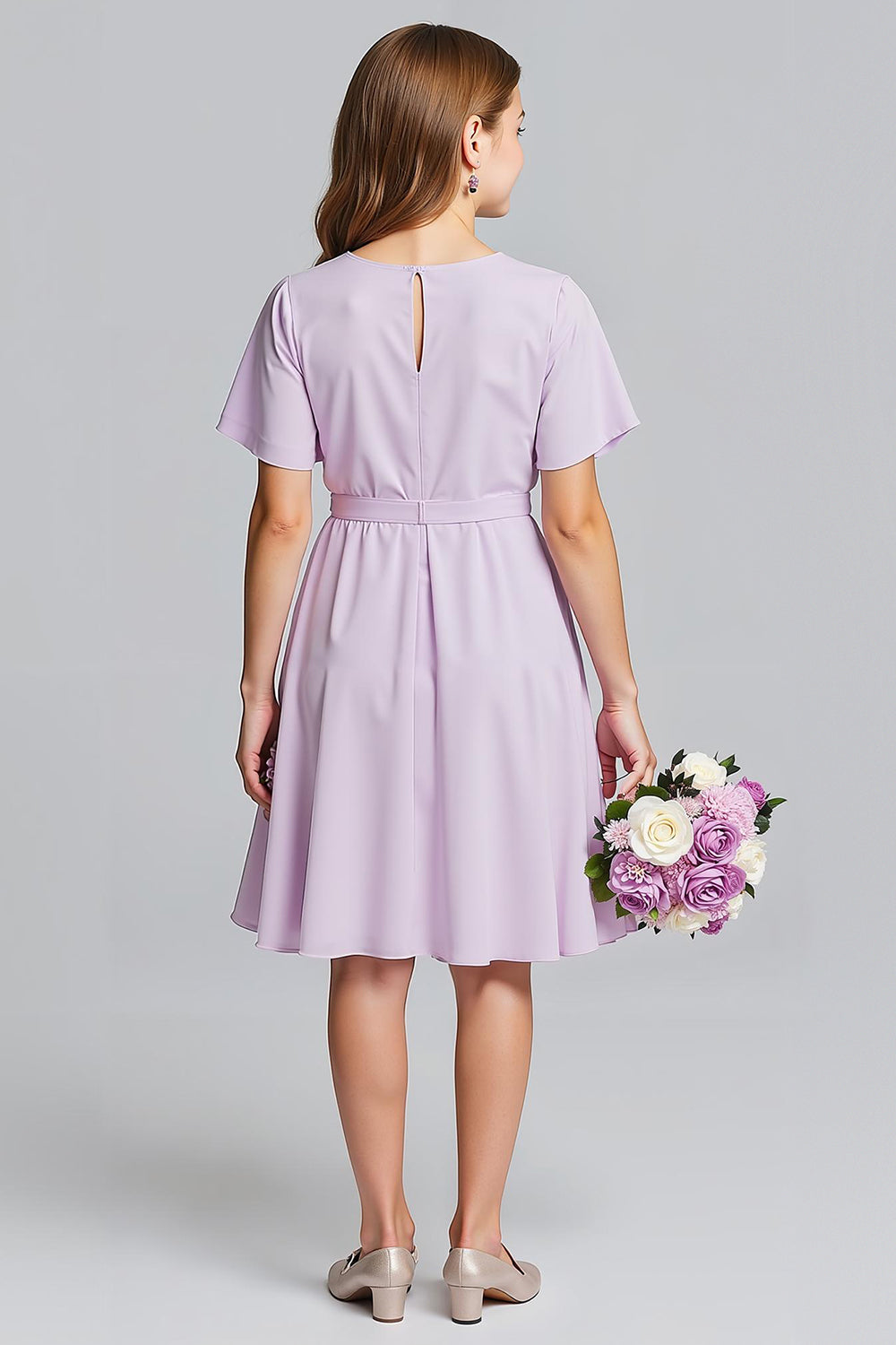 Robe de demoiselle d'honneur junior midi évasée en mousseline violette à encolure en V et manches courtes