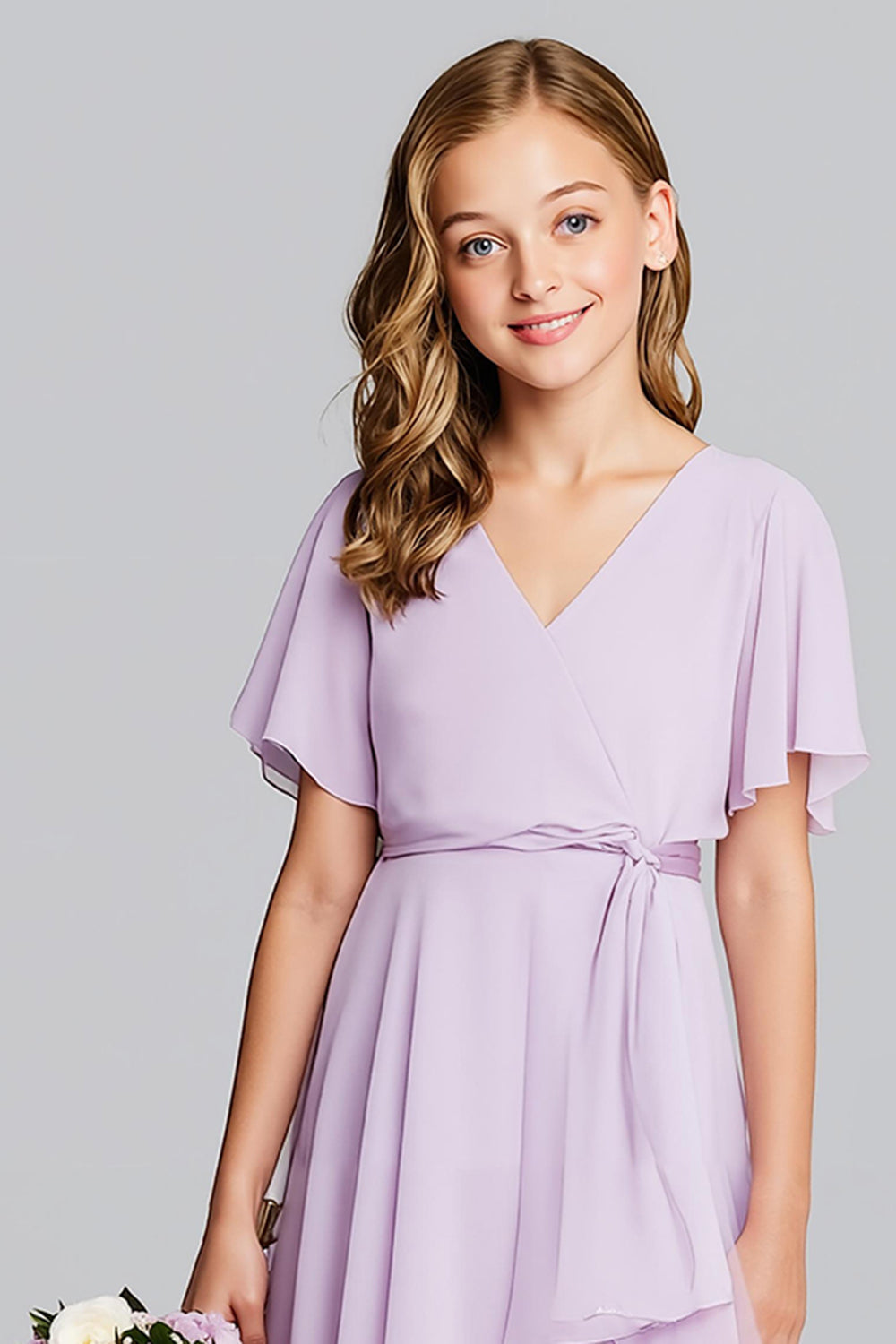 Robe de demoiselle d'honneur junior midi évasée en mousseline violette à encolure en V et manches courtes