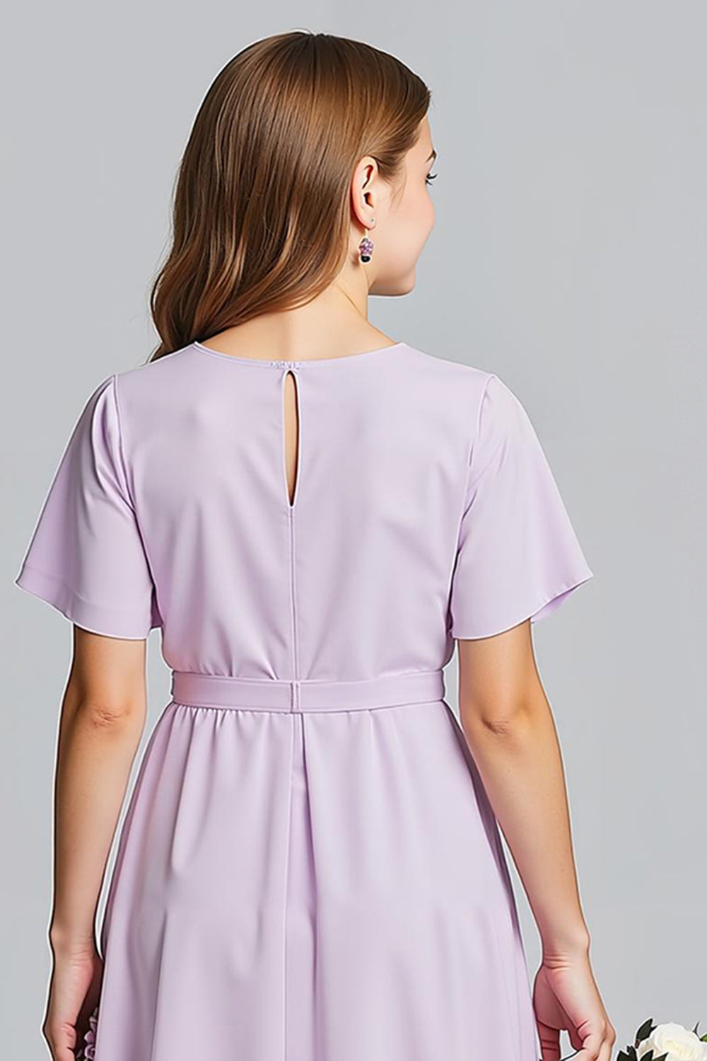 Robe de demoiselle d'honneur junior midi évasée en mousseline violette à encolure en V et manches courtes