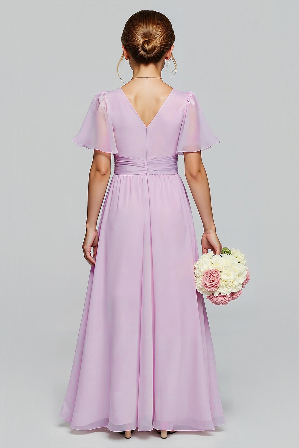 Robe de demoiselle d'honneur longue junior violette en mousseline à encolure en V et ligne A avec manches courtes
