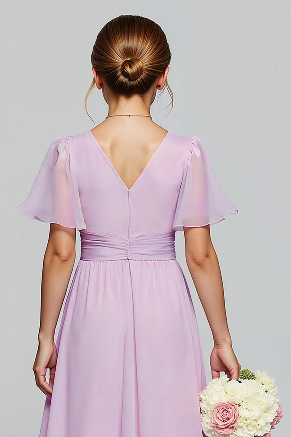 Robe de demoiselle d'honneur longue junior violette en mousseline à encolure en V et ligne A avec manches courtes