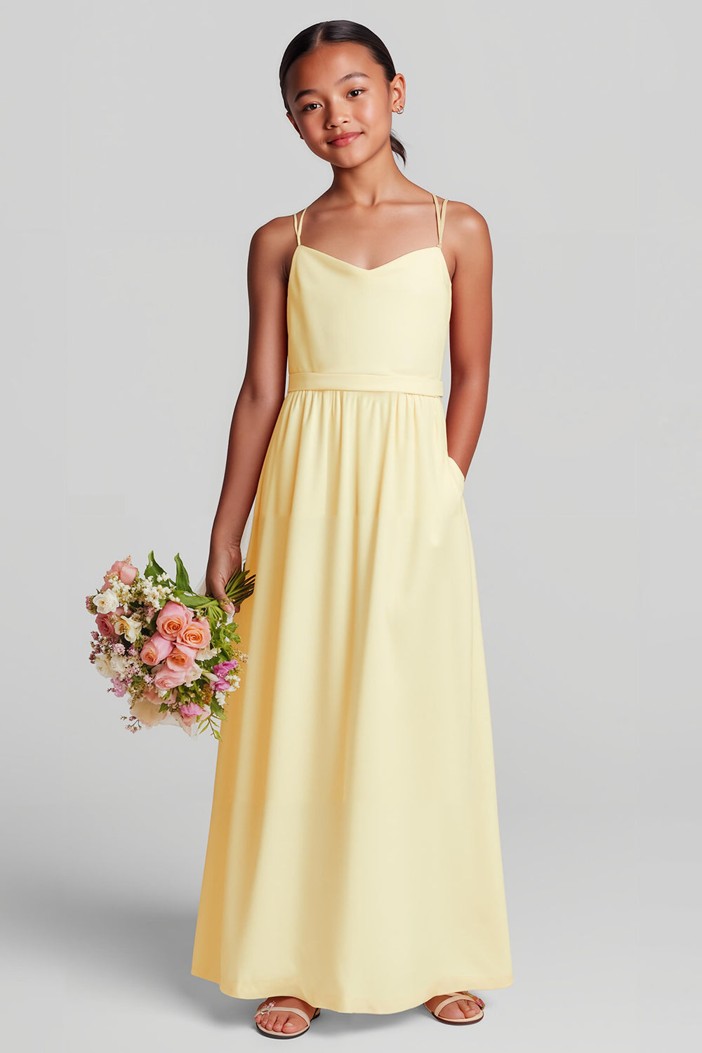 Daffodil A Line Chiffon Spaghetti Straps Long Junior Bridesmaid Dress