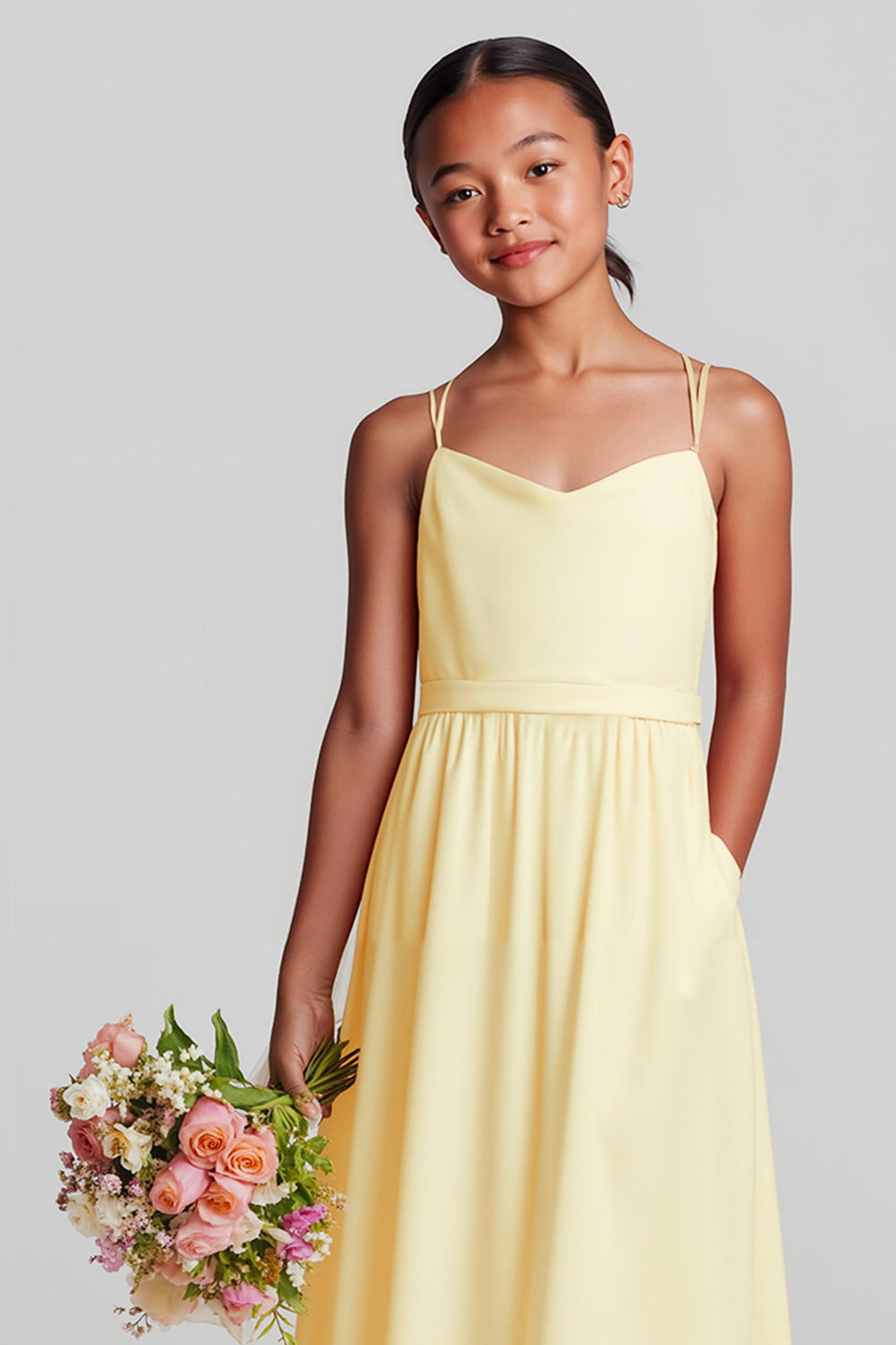 Daffodil A Line Chiffon Spaghetti Straps Long Junior Bridesmaid Dress
