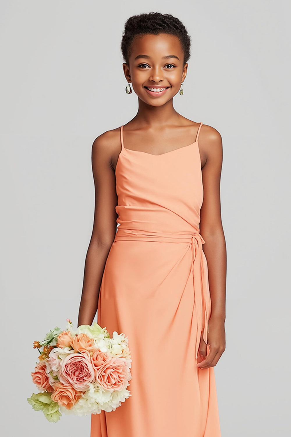 Sunset Sheath Chiffon Spaghetti Straps Long Junior Bridesmaid Dress