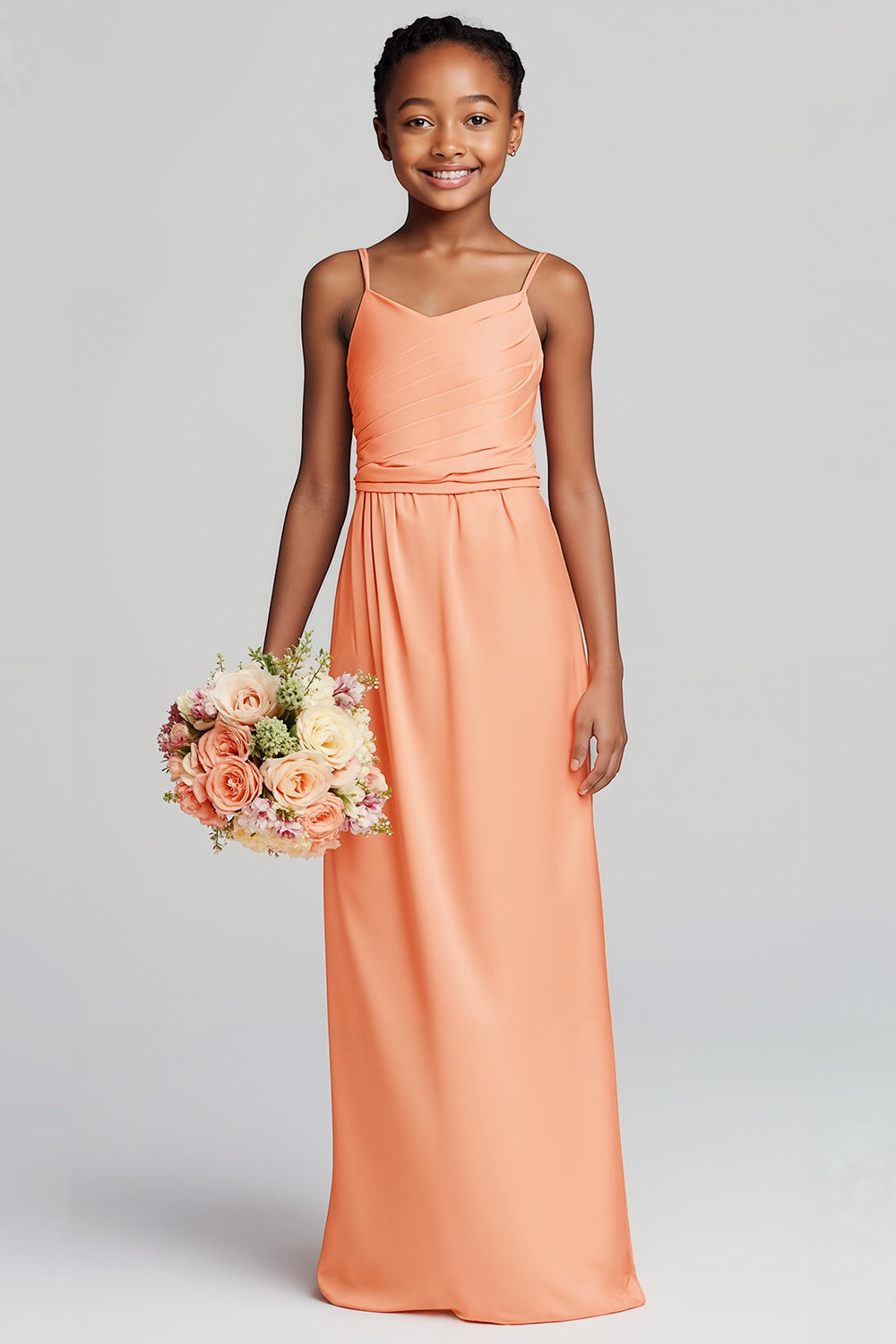 Sunset Satin Spaghetti Straps Backless Long Junior Bridesmaid Dress