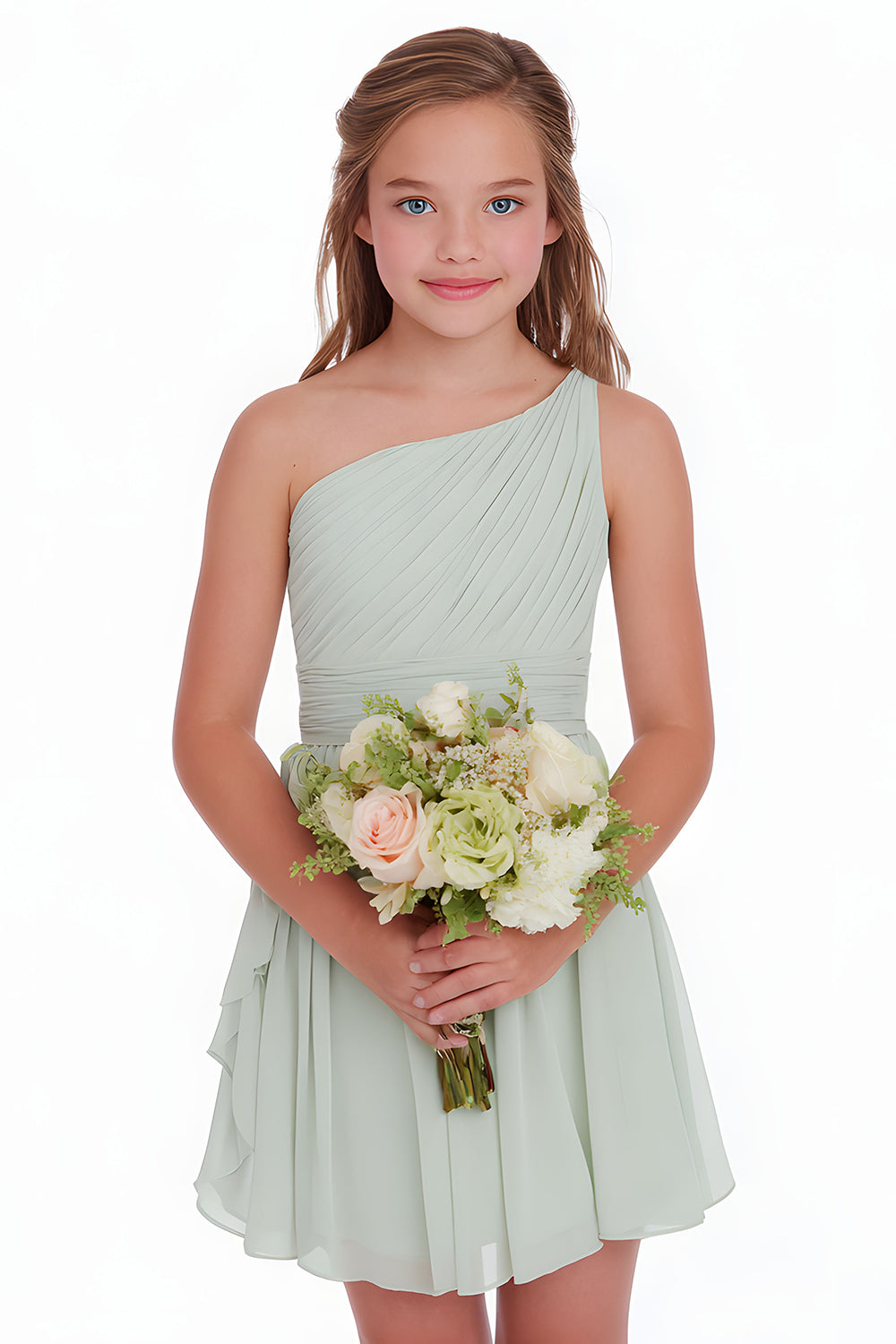 Sage Green A-Line Chiffon One-Shoulder Short Junior Bridesmaid Dress