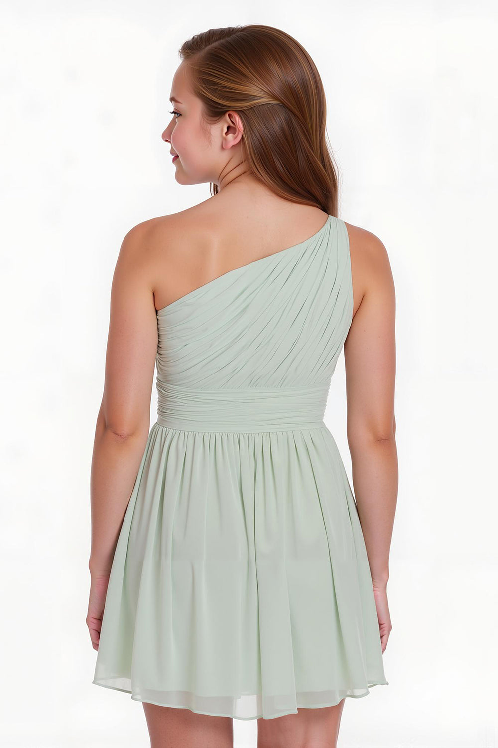 Sage Green A-Line Chiffon One-Shoulder Short Junior Bridesmaid Dress