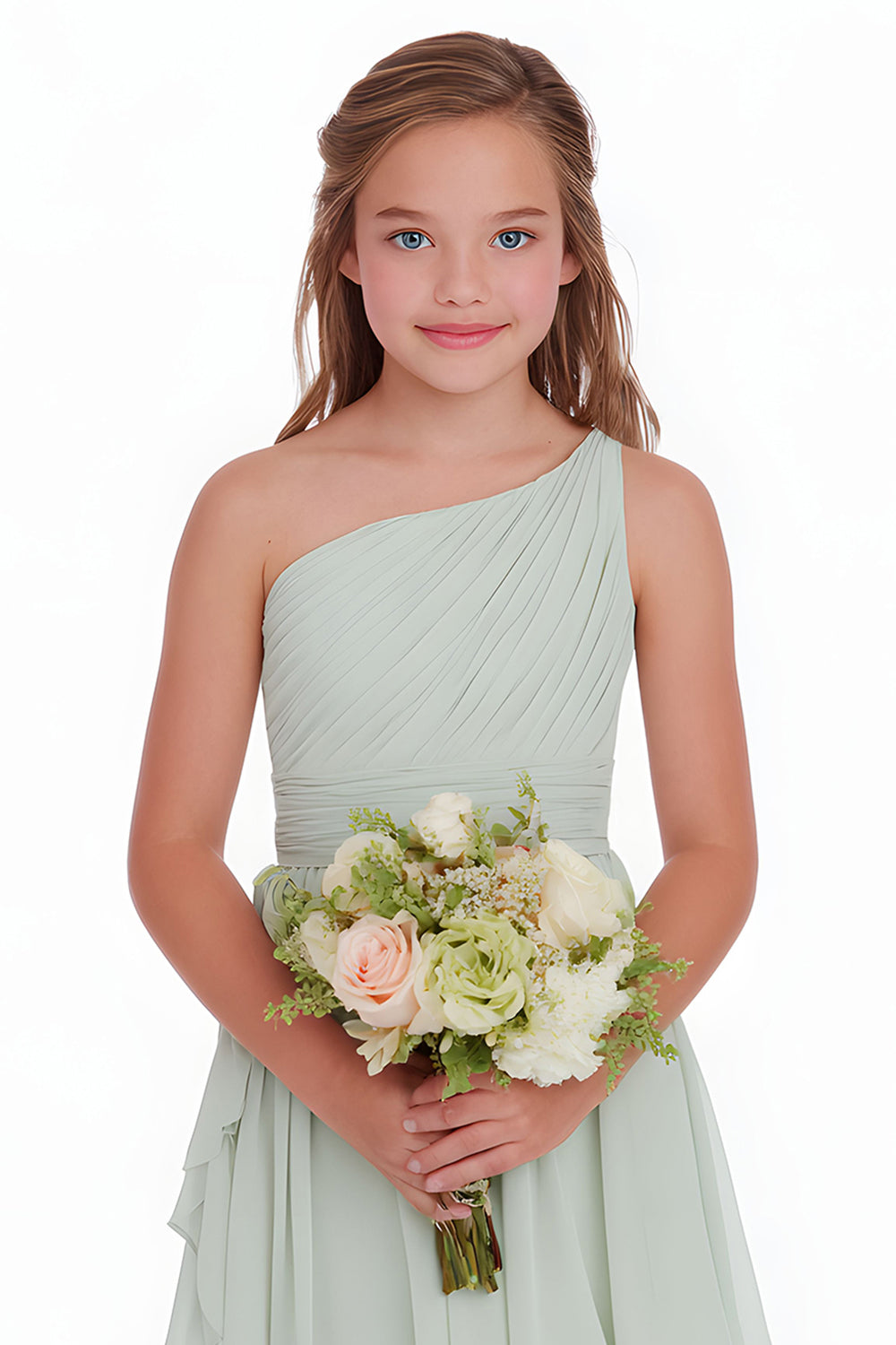 Sage Green A-Line Chiffon One-Shoulder Short Junior Bridesmaid Dress
