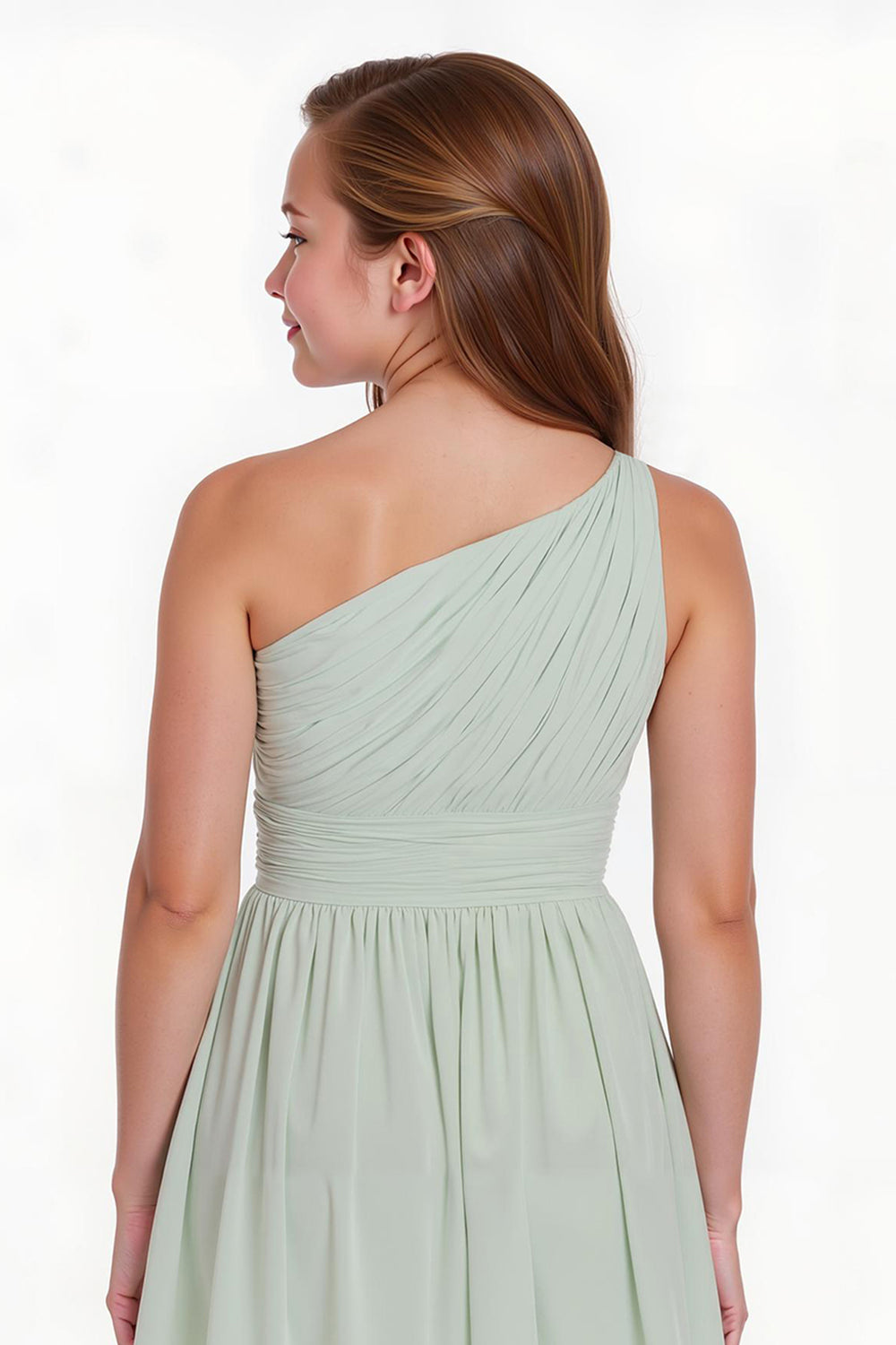 Sage Green A-Line Chiffon One-Shoulder Short Junior Bridesmaid Dress