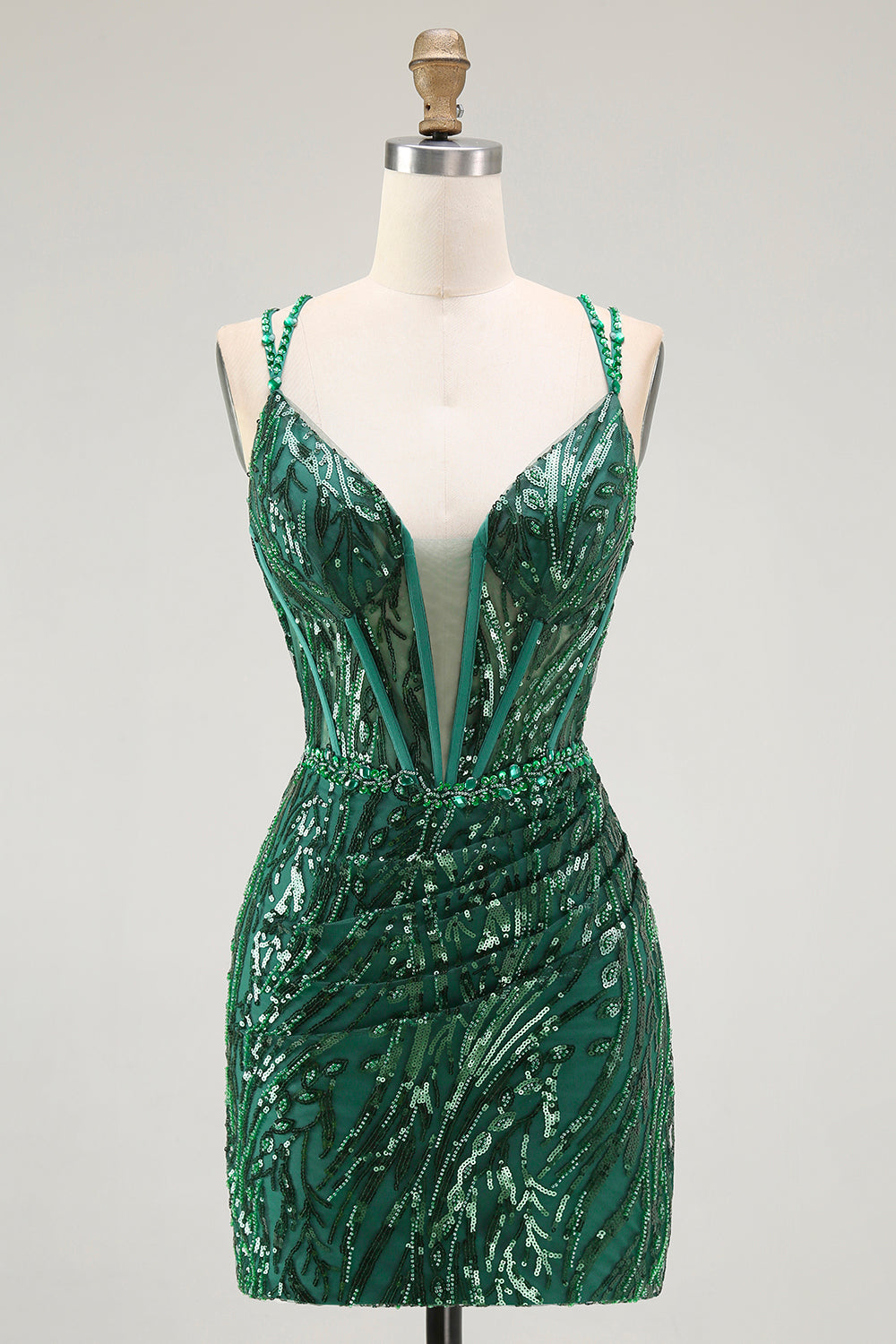 Robe de bal courte moulante vert foncé brillante sans dos avec corset et sequins
