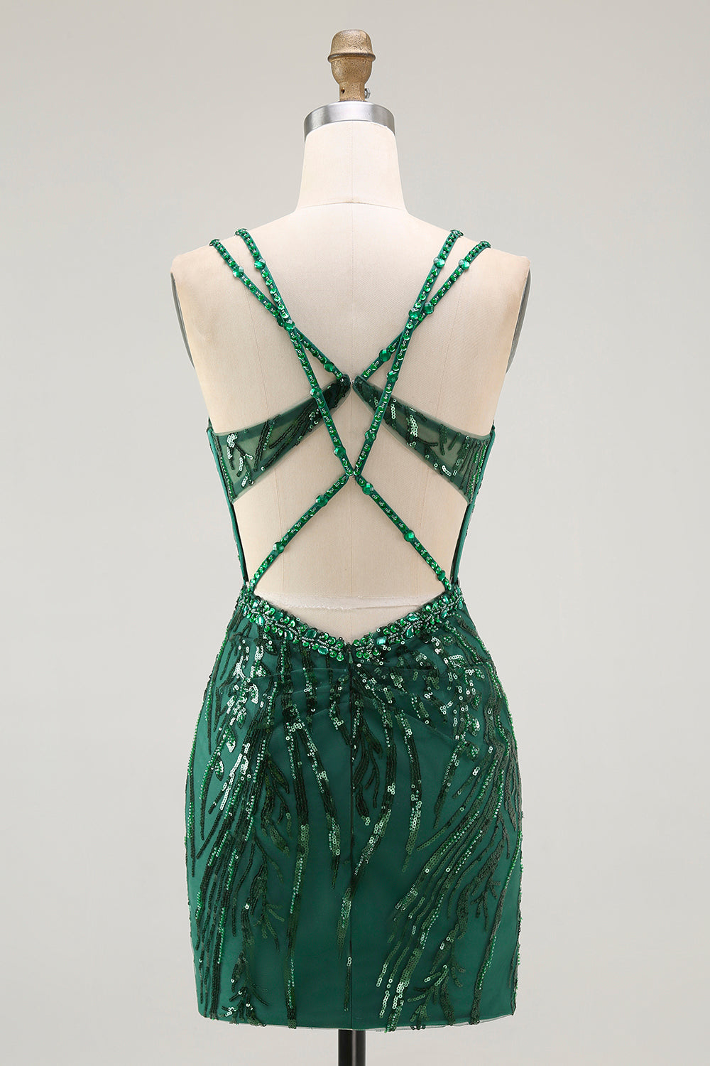 Robe de bal courte moulante vert foncé brillante sans dos avec corset et sequins