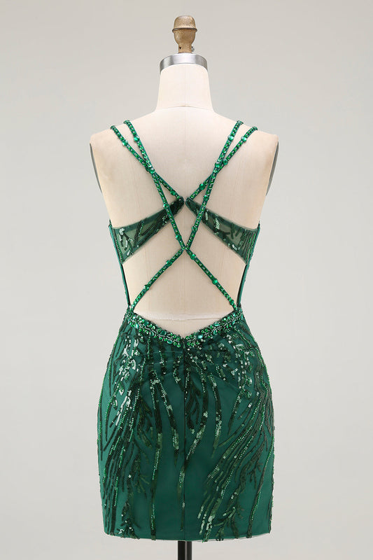Sparkly Dark Green Bodycon Backless Short Corset Prom Dress with Sequins