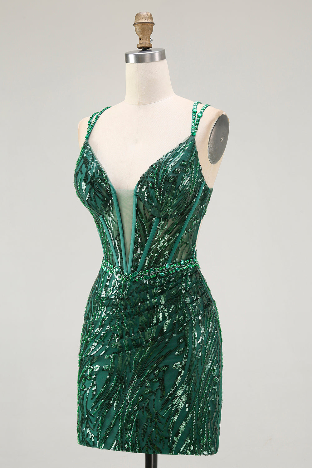 Robe de bal courte moulante vert foncé brillante sans dos avec corset et sequins