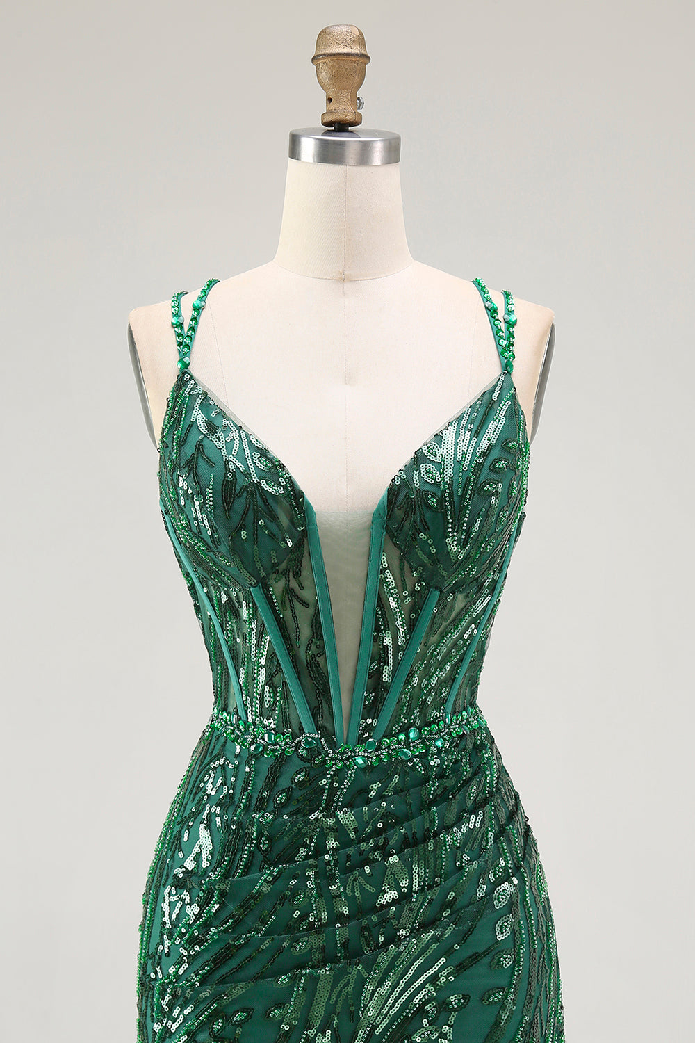 Robe de bal courte moulante vert foncé brillante sans dos avec corset et sequins
