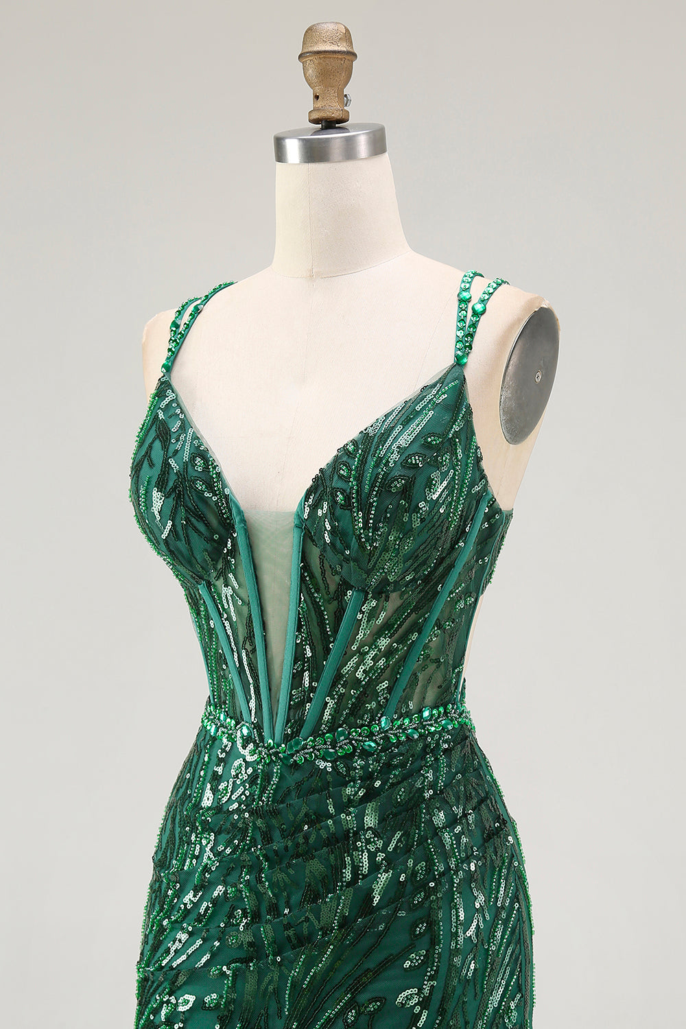 Robe de bal courte moulante vert foncé brillante sans dos avec corset et sequins