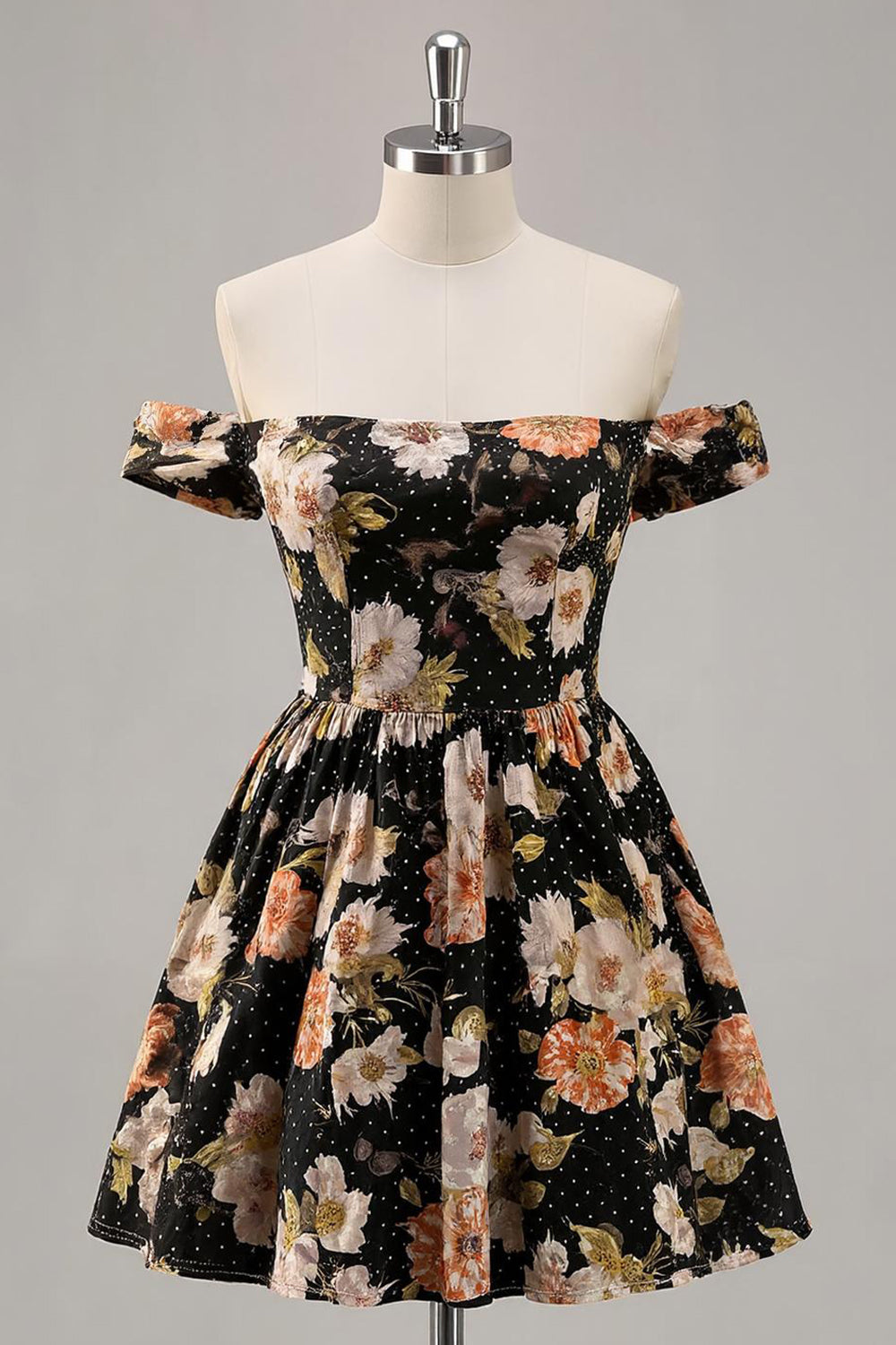 Off The Shoulder Black Floral A Line Beaded Mini Homecoming Dress