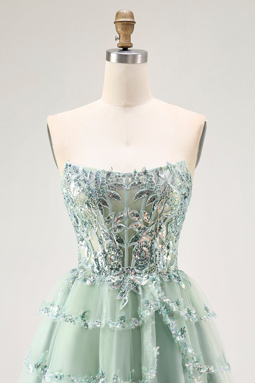 Robe de demoiselle d'honneur trapèze fendue fleurie vert sauge