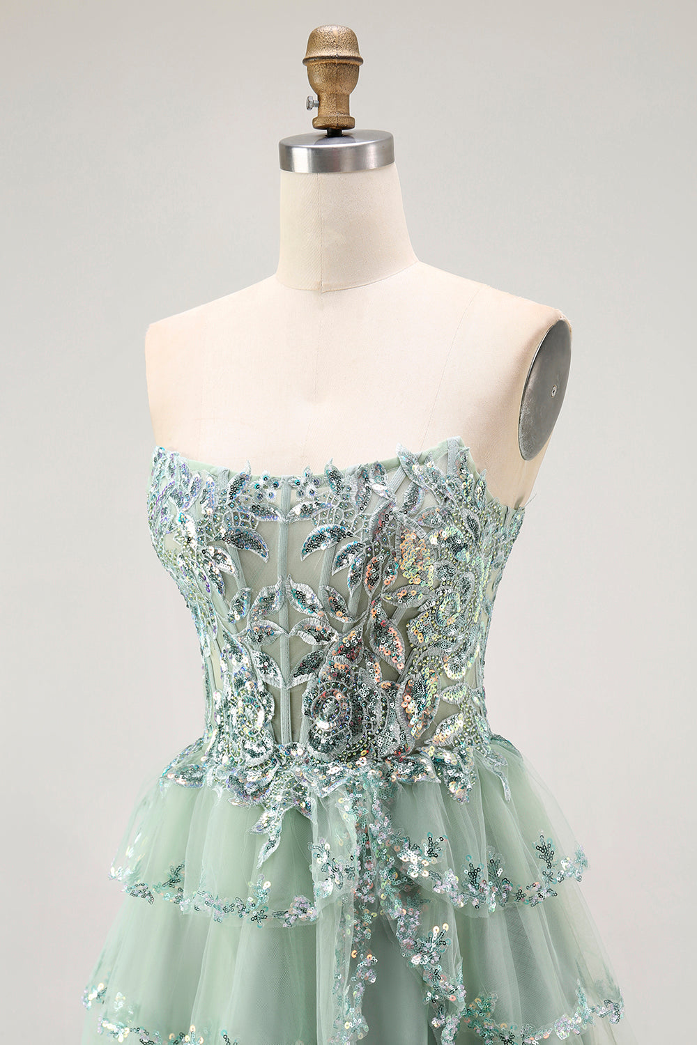 Robe de demoiselle d'honneur trapèze fendue fleurie vert sauge