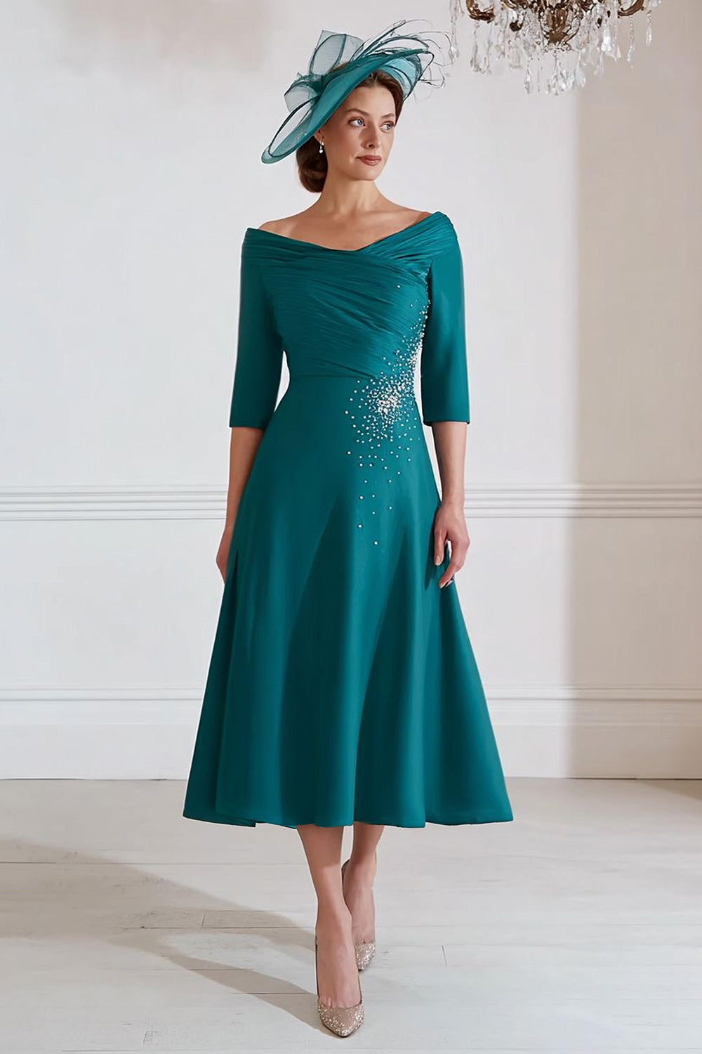 Peacock Green A-Line Midi Mother of the Bride Dress with Half Sleeves