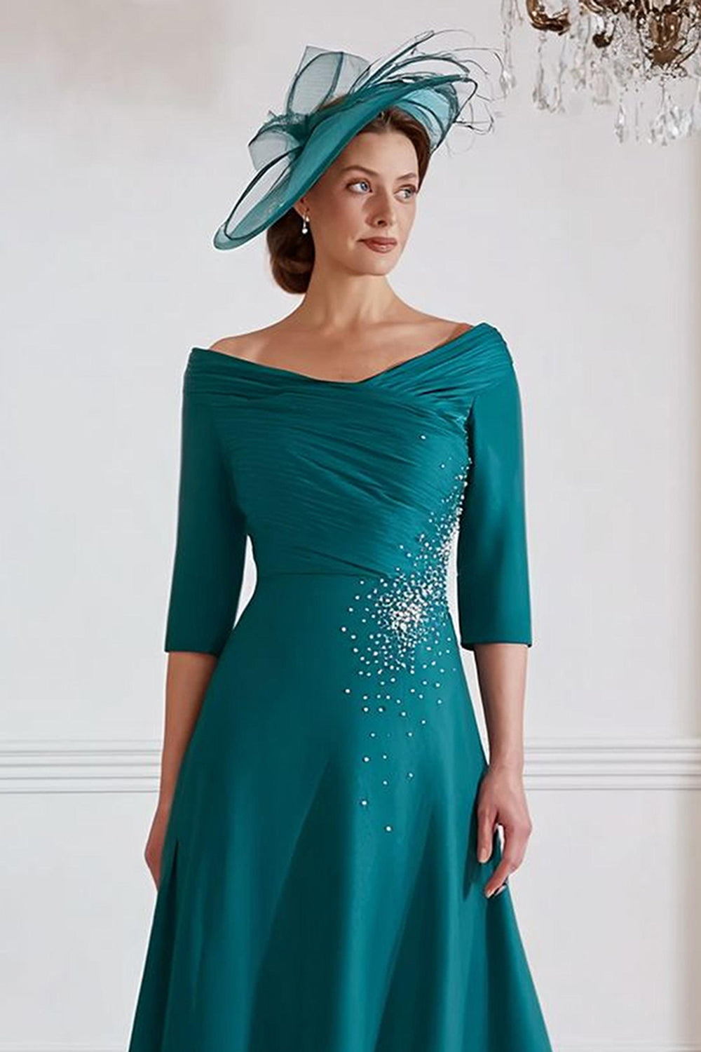 Peacock Green A-Line Midi Mother of the Bride Dress with Half Sleeves
