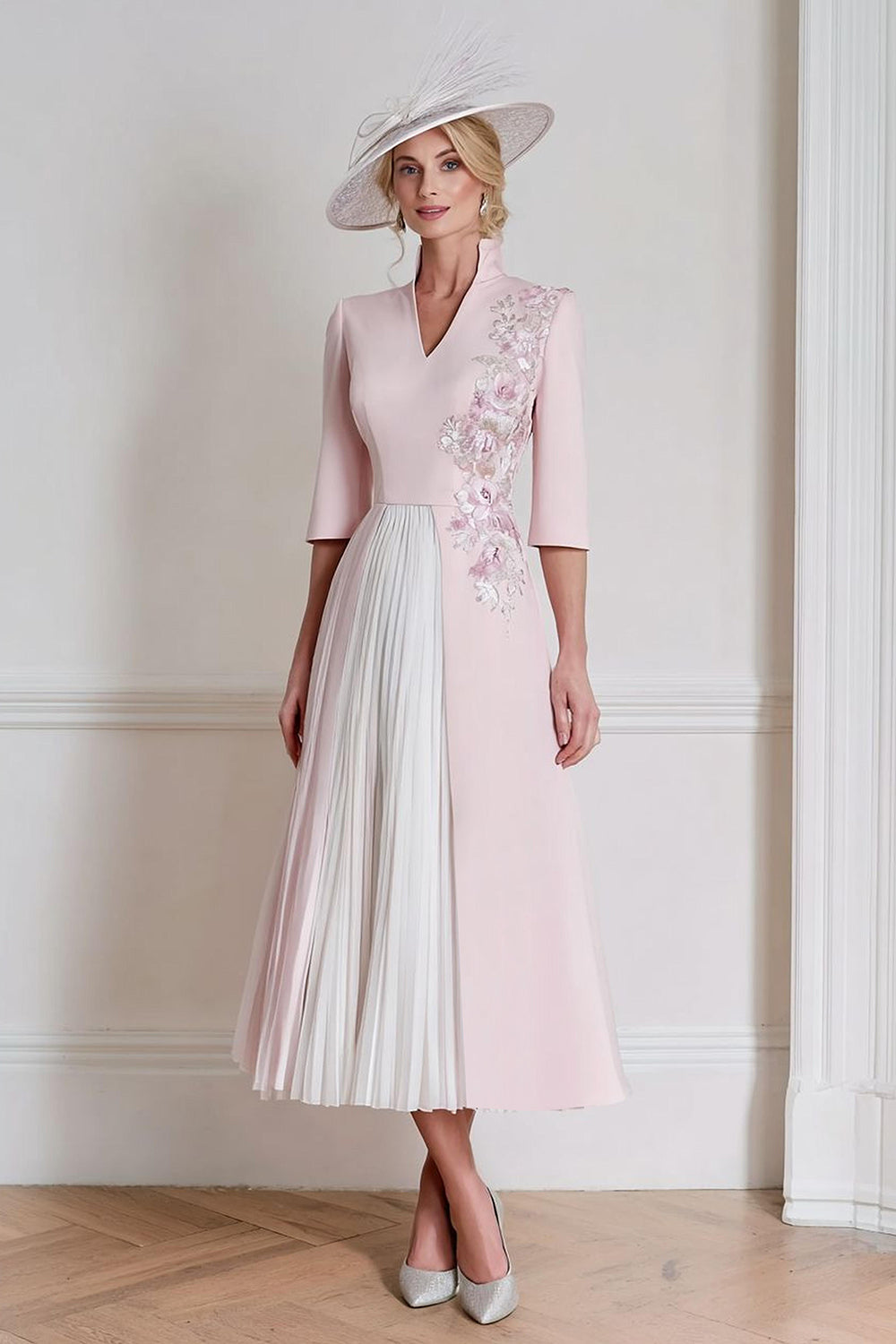 Candy Pink A-Line Satin V-Neck Pleated Mother of the Bride Dress