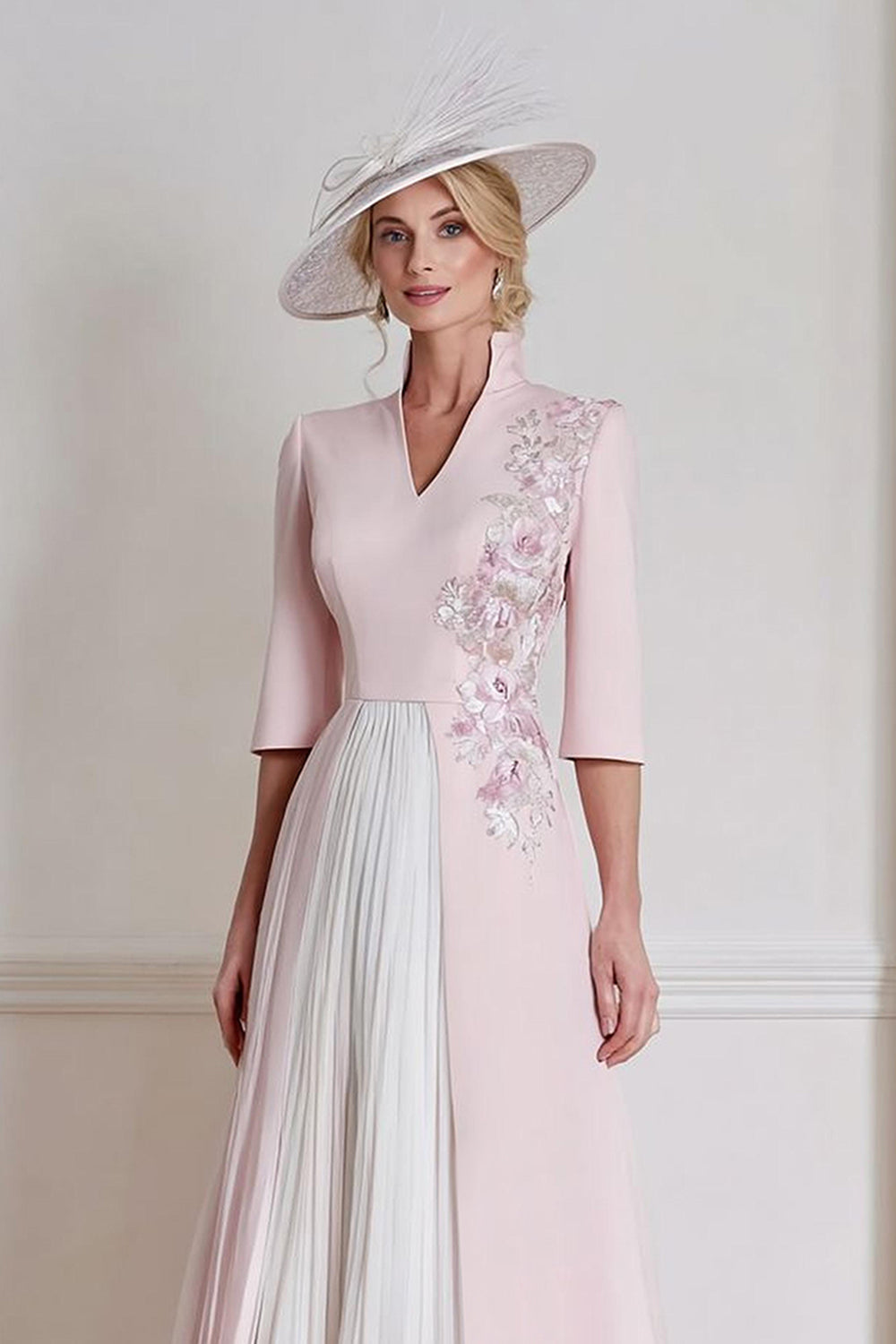 Candy Pink A-Line Satin V-Neck Pleated Mother of the Bride Dress
