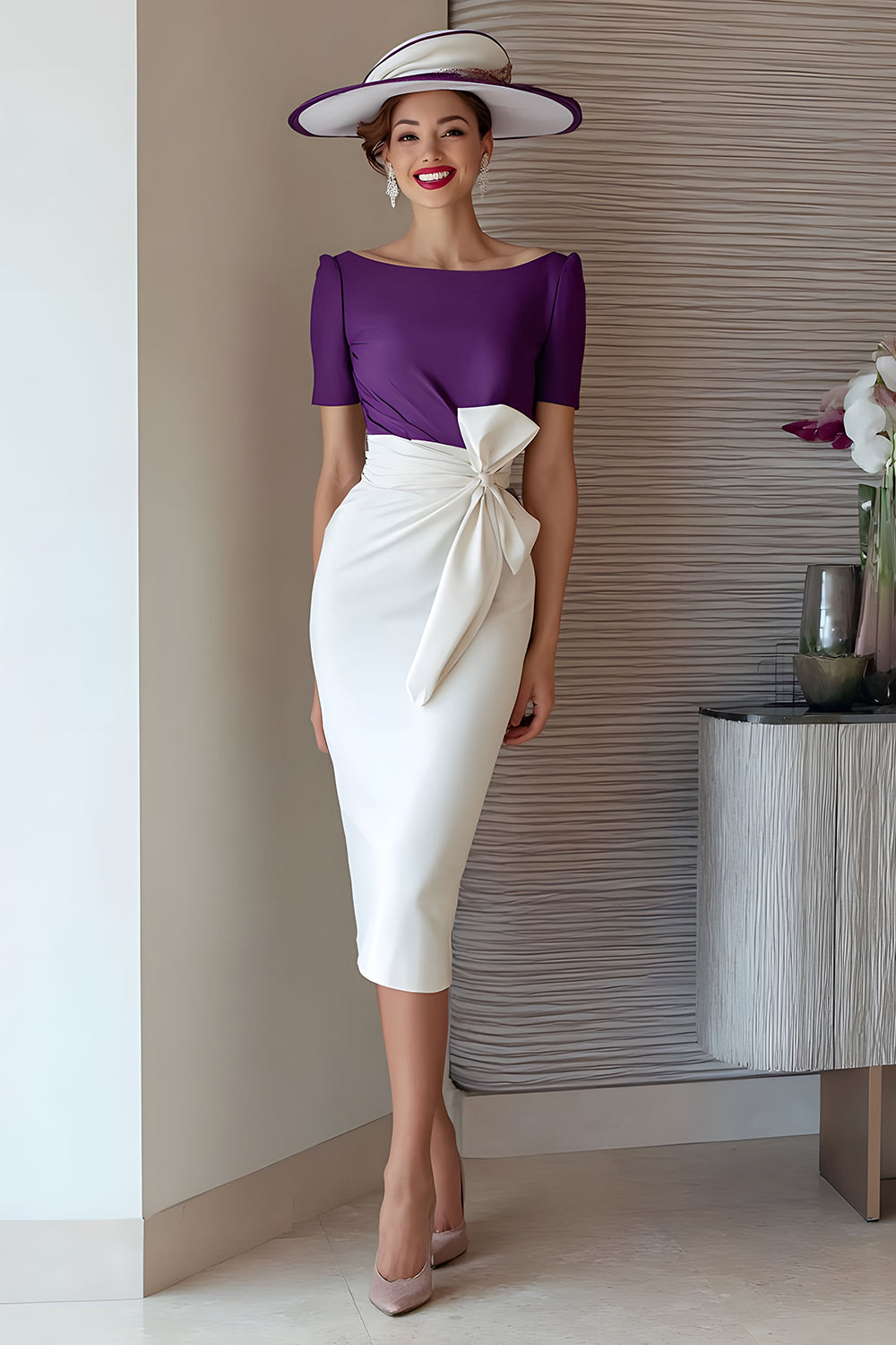 Robe de mariée mi-longue en mousseline de soie à col bateau coupe crayon avec nœud couleur raisin